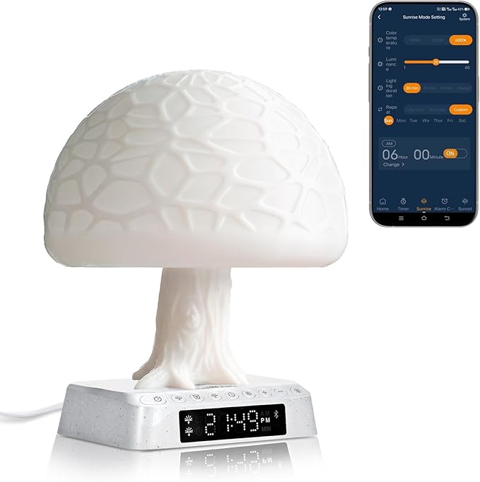 Sunrise Alarm Clock Wake up Light Alarm Clock lamp Clock 3 Color Adjustable Mood Light Built-in White Noise nightstand Lamp for Livingroom Bedroom Office Reading Working MushRoom lamp APP Control