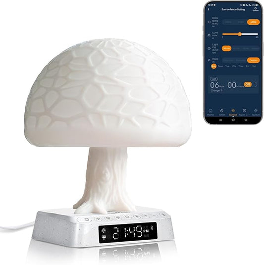 Sunrise Alarm Clock Wake up Light Alarm Clock lamp Clock 3 Color Adjustable Mood Light Built-in White Noise nightstand Lamp for Livingroom Bedroom Office Reading Working MushRoom lamp APP Control