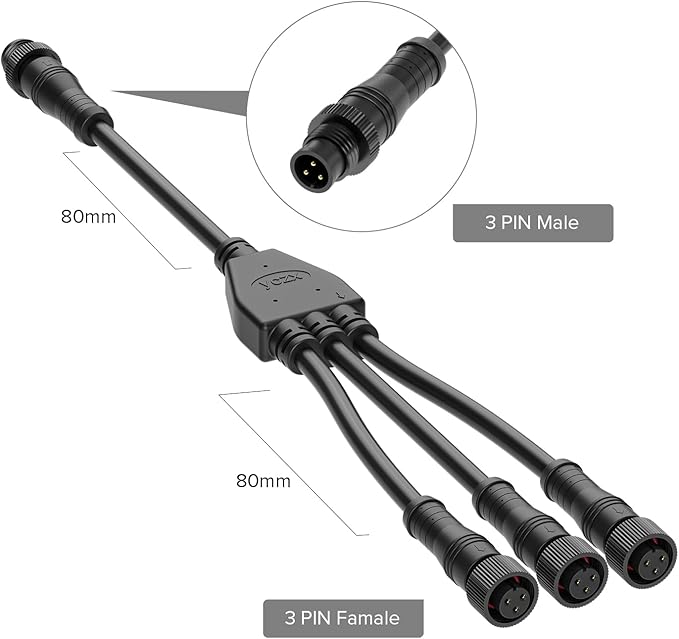 BTF-LIGHTING 3 Core 3 pin Small Size IP68 Y Shape 1 Male-Divided-3 Female Spillter Connctor Black Plastics 18AWG 15mm Metal Metal Nut Support All BTF-LIGHTING 3 pin Small Size IP68 Connector