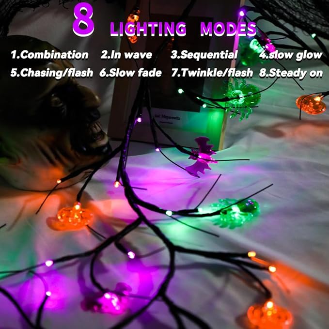 6FT Halloween Decorations Lights Willow Vine Twig Garland with Pumpkin Bat Spider Light, 8-Mode Battery Operated Decoration for Home Wall Table Fireplace Décor