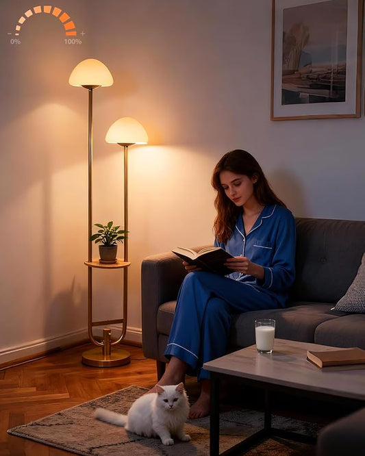 Lightdot 63IN Gold Dimmable Floor Lamp with Table& Mushroom Shades, Modern Mid Century Standing Lamps with Bulbs Included, Unique Vintage Tall Floor Lamp for Living Room/Sofa Beside/Corner Decor