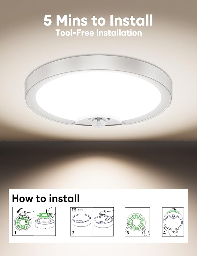 Rechargeable Motion Sensor Ceiling Light - Battery Operated Wireless LED Ceiling Shower Lights Indoor Night Lighting for Bathroom, Laundry Room, Hallway, Closets