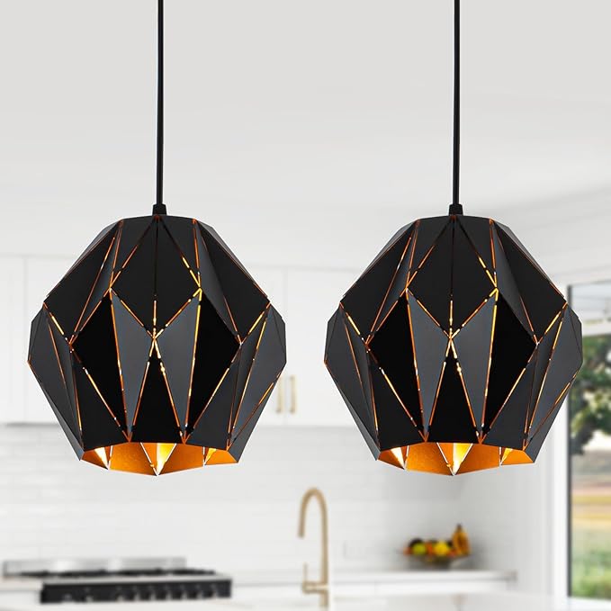 Industrial Pendant Lights Kitchen Island,Black Hanging Lighting Fixture with Metal Geometric Diamond Shade Vintage Ceiling Chandelier Pendant Lamp for Dining Living Room Bedroom 1 Light