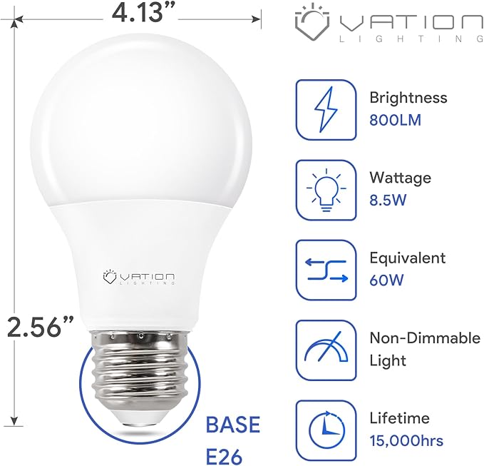 A19 LED Light Bulbs 60W Softwhite 2700K, 8.5Watt Efficient, 60 Watt Equivalent, 800 Lumens, E26 Medium Base, Non-Dimmable, ETL/UL Listed, 12 Pack