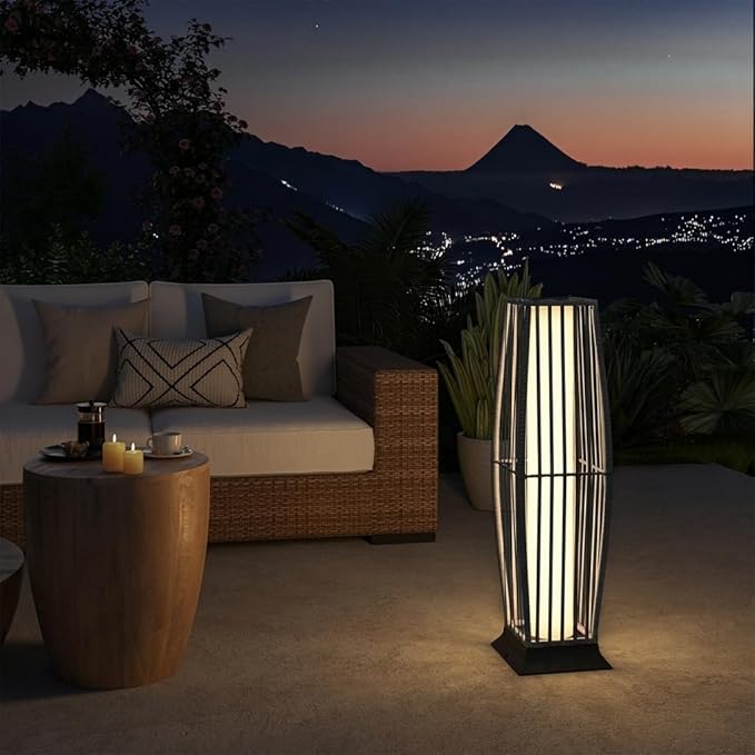 Rattan Outdoor Floor Lamp Set of 2, Boho Solar Porch Lights Outdoor Waterproof for Patio, Garden, Balcony & Deck, Gray (Vertical)