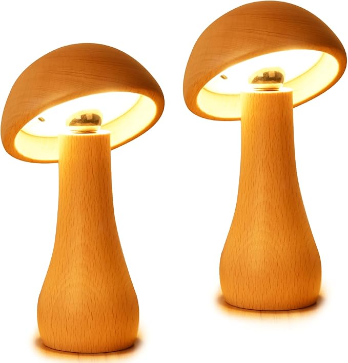 2 Pack Wooden Mushroom Lamp, Portable Cordless Small Rechargeable Battery Operated Lamp,Stepless Dimming,Night Light for Birthday Gifts