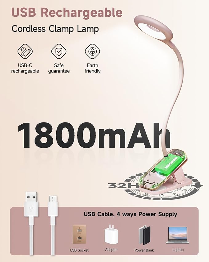 CUHIOY Clip on Reading Light for Bed, Rechargeable Battery Desk Lights, 5 Colour 5 Brightness & Touch Control Headboard Lamp, Large Clamp Lamp with Flexible Neck, Eye Protect LED Bedside Light, Pink