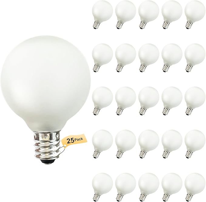 G40 Replacement Light Bulbs Frosted Wihte Globe Light Bulbs, 5W Incandescent Bulbs Fits E12/C7 Candelabra Screw Base for Indoor Outdoor Decorative, Pack of 25