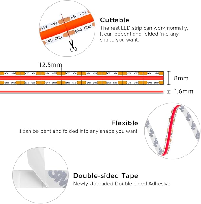 BTF-LIGHTING FCOB COB FOB LED Strip Lights 5V USB Powered 9.8FT 960LEDs Red Color 8mm Width Dimmable CRI 90+ with 3M Tape Flexible High Density for 3D Printer TV Backlight PC DIY Decor