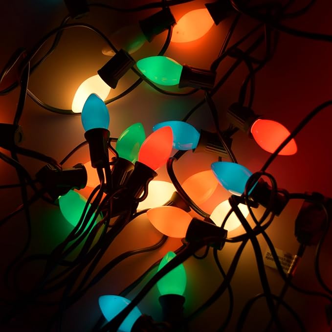 25 Pack C7 LED Multicolor Replacement Bulbs, Christmas Multicolor Ceramic LED Light Bulbs Vintage Light Bulbs for Christmas Indoor Outdoor String Lights, E12/C7 Candelabra Base, 0.6 Watt