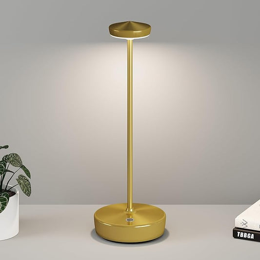 1 Pack Cordless Table Lamp Rechargeable - LED Battery Table Light with 3 Color Temperatures, Stepless Dimming, Waterproof Aluminum for Indoor Outdoor, Patio, Restaurant, Dinner (Brushed Gold)