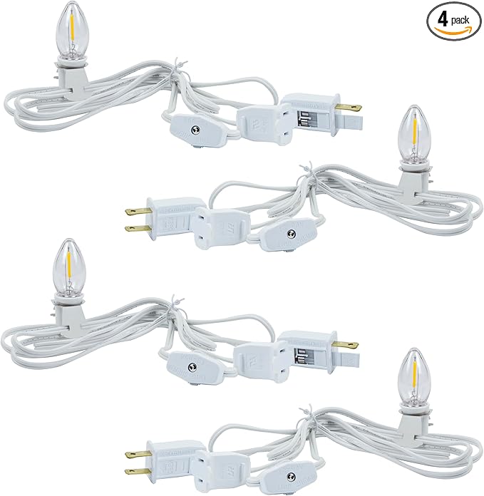 4 Pack Accessory Cord with LED Night Light Bulbs - White Cord with On/Off Switch Plugs - C7 led Bulb Warm White with Spare Fuse, for Holiday Decoration and Craft Village House Decoration