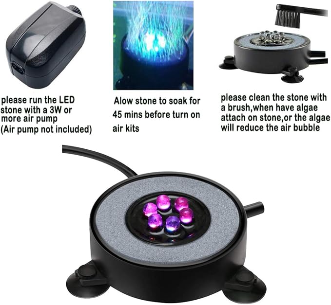 LED Aquarium Air Stones Fish Tank Bubbler Light Air Stone Diffuser Decor Lamp with Sucker Colorful Backgound Lighting (2.2inch Light Disk(No Remote))