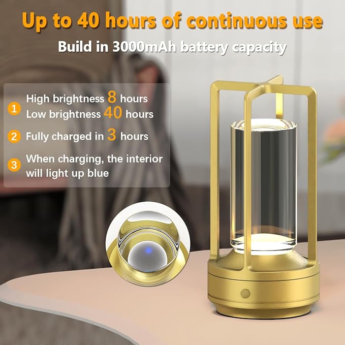 Cordless Portable Table Lamp Rechargeable for Indoor/Outdoor, 3000mAh Small Battery Powered Operated Lights, 3 Color Modes Dimmable Waterproof, LED Desk Lamp for Restaurant/Bedroom/Camping (Gold)