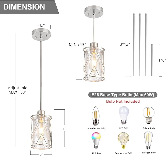 Refice Glass Pendant Lights Kitchen Island, Brushed Nickel Kitchen Hanging Light with Clear Glass, Farmhouse Cage Mini Pendant Lighting for Sink Dining Room Bedroom Bar, 3 Pack