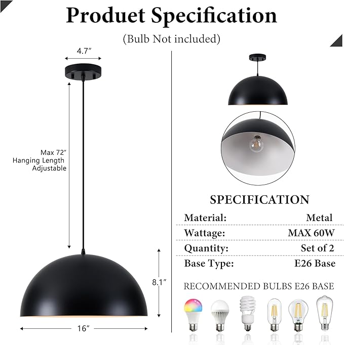 Industrial Pendant Lighting for Kitchen Island, 16 Inch Black and White Metal Dome Pendant Light Fixtures, Farmhouse Hanging Light Fixture E26 Base for Dining Room Foyer Entryway Cafe, 2 Pack