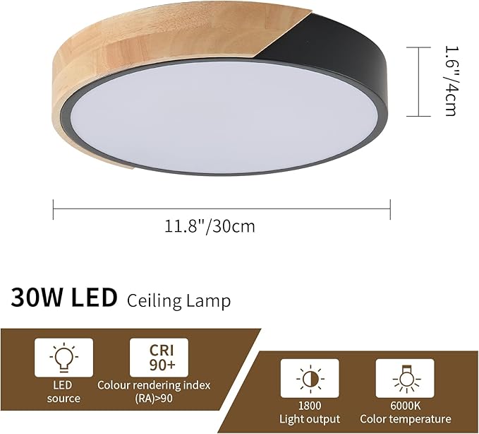 Modern LED Ceiling Light, 2 Pack Wood Flush Mount Ceiling Lights, LED Kitchen Lights Hallway Light Fixtures for Bedroom Laundry Room (Black,11.8",6000K)