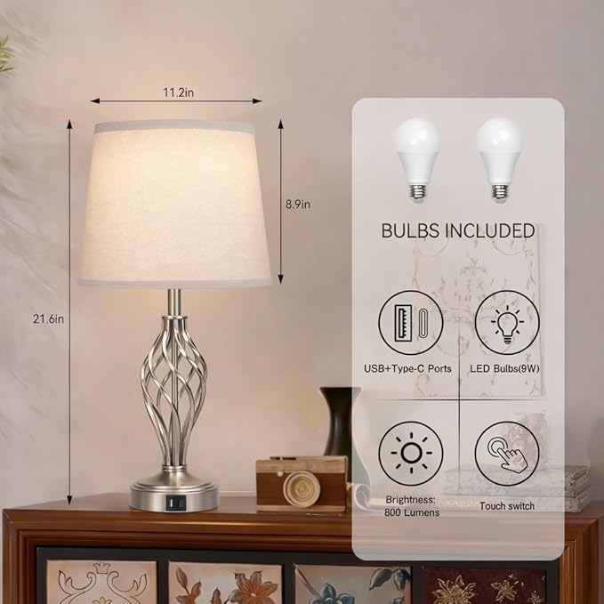 Touch Table Lamps Set of 2, nightstand lamp with USB Ports Bedside 3 Way Touch dimmer Desk lamp for Living Room Bedroom,Nickel Plated Spiral cage Base Design Warm White dimmer Bulbs Included