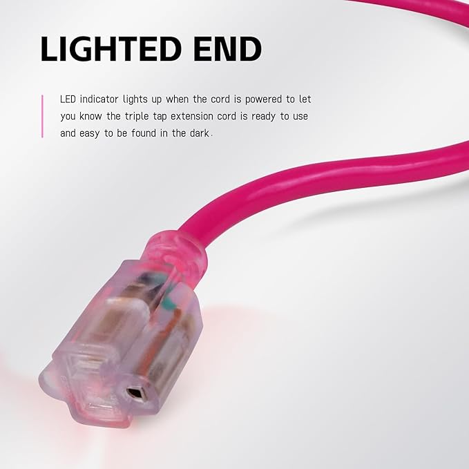 EP 25 Ft Outdoor Extension Cord, 12/3 SJTW Heavy Duty Waterproof Power Cable, 3 Prong Grounded Plug, Lighted End, for Lawn, Garden, Appliances, Pink