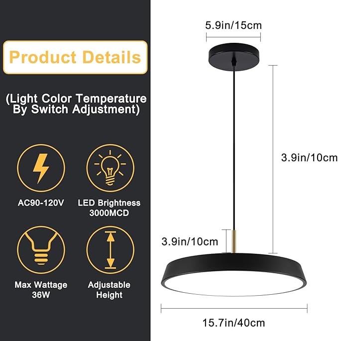 Black Pendant Light Fixtures 16inch,LED Modern Industrial KitchenIsland Hanging Lighting,3 Color Temperature Chandelier Metal Ceiling Light for Bar,Dining Room,Bedroom,Living Room