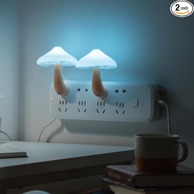 Mudder 2 Pack Mushroom Night Light Plug in Wall Lamp Sensor LED Mushroom Nightlight Cute Mini for Adult Kid Nursery Decor Gift(Blue)