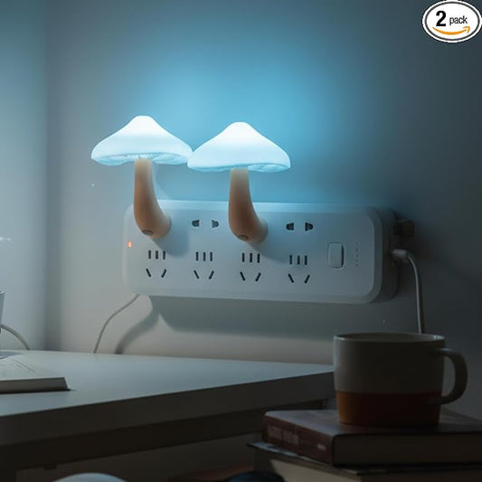 Mudder 2 Pack Mushroom Night Light Plug in Wall Lamp Sensor LED Mushroom Nightlight Cute Mini for Adult Kid Nursery Decor Gift(Blue)