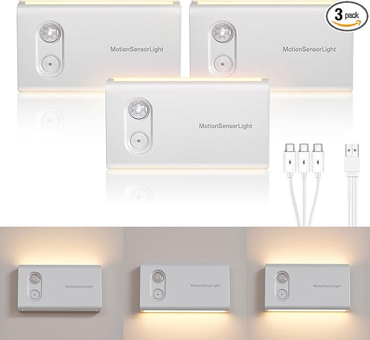 Rechargeable Motion Sensor Light Indoor, Dimmable Warm White LED Night Light, Magnetic, Adjustable Emission Direction for Hallway, Stair, Toilet, and Under Cabinet Lighting, (3 Pack)