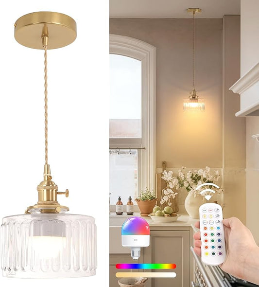 Battery Operated Pendant Light 5000mAh Rechargeable Chandelier with Remote Control Wireless Adjustable Hanging Clear Striped Light for Kitchen Island Dining Room Hallway