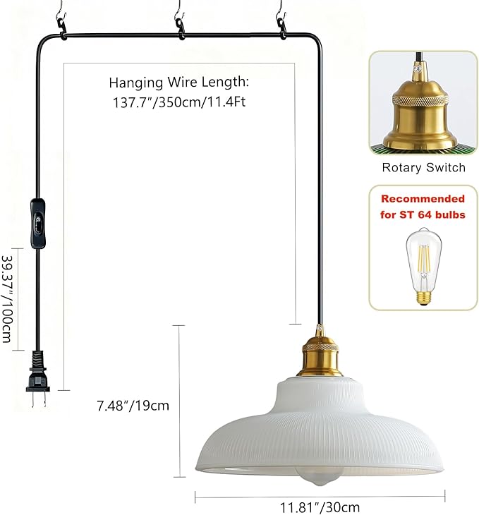 Plug in Pendant Light: Hanging Light Plug in Milk Glass Hanging Lamp, Pendant Lighting for Kitchen Island, Bedroom, Dining Room, Living Room, No Bulb