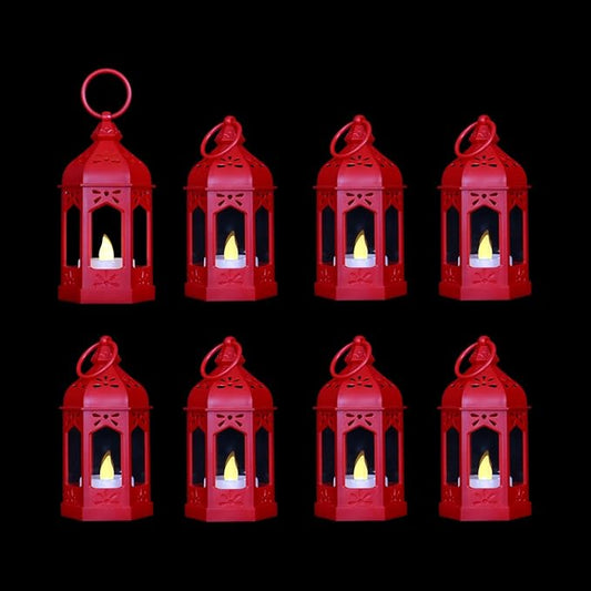 LLQ 8 Pcs Mini Lantern Decor Moroccan Lantern with Flickering LED Candle Table Centerpiece Small Vintage Christmas Hanging Lamp Ornaments Bulk for Wedding Halloween Christmas Party (5 Inch,Red)