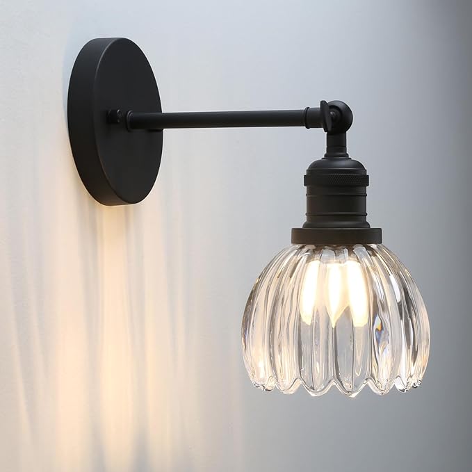 Pathson Adjustable Wall Sconce Lamp with Tulip Thick Glass, Hardwired Bathroom Sconce Matte Black Wall Vanity Light Fixture for Living Room Farmhouse Bedside Lighting