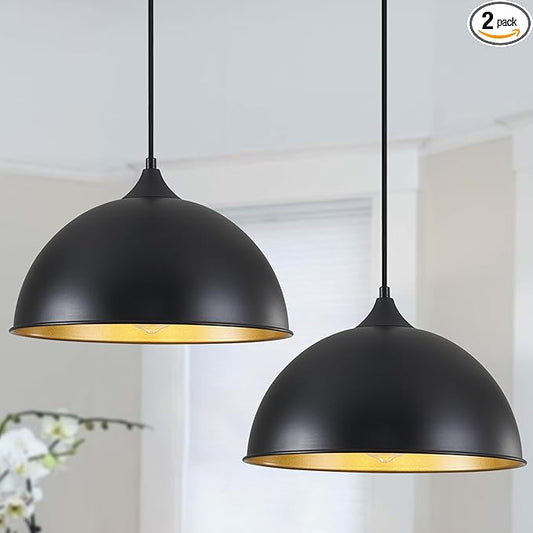 Pendant Lighting for Kitchen Island, 2 Pack 12" Dome Pendant Light Fixtures with Black and Gold Finish Farmhouse Industrial Hanging Pendant Light for Dining Room Restaurant Cafe Entryway