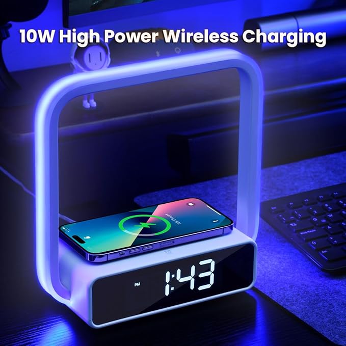 Digital Alarm Clock Wireless Charger, Dimmable Small Bedside Lamp with Alarm Clocks for Bedrooms Home Office Touch Control RGB Night Light Nightstand Lamp for Men Teen