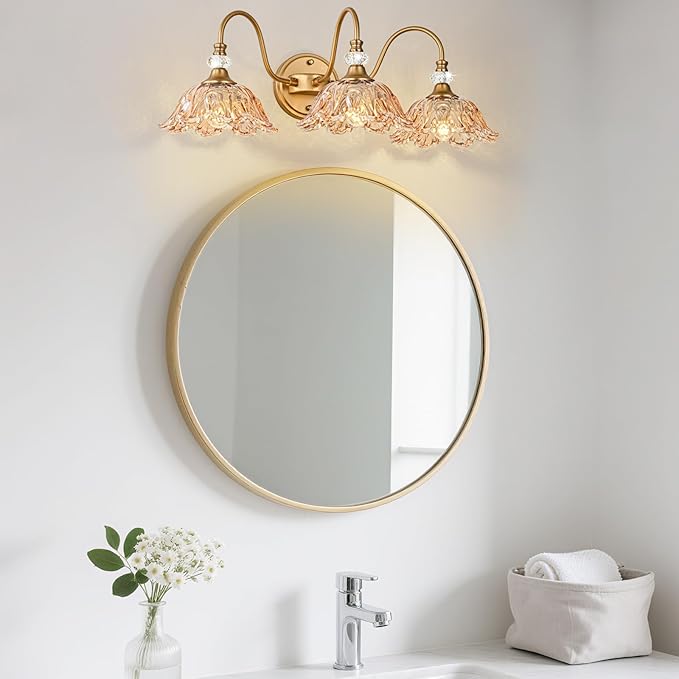 Vintage Bathroom Vanity Light, 3-Light Matte Deep Brass Finish Vanity Light with Flower-Shaped Amber Glass Shades, Retro Wall Sconce for Bathroom