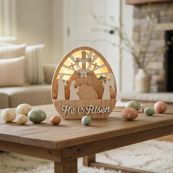 Valery Madelyn Easter Decorations with LED Light, Lighted Empty Tomb Scene and Cross Decoration, Wooden Christian Easter Decor Resurrection Scene for Home Table Shelf, 8.0 inch