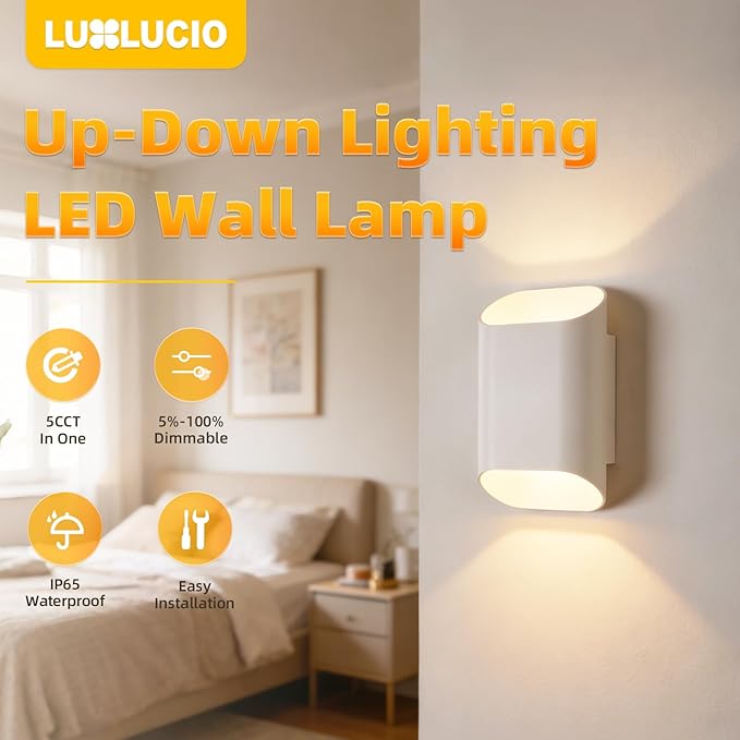 2 Pack White Up & Down Wall Sconce Lamp 5%-100% Dimmable, Modern Indoor/Outdoor Porch Light, IP65 Waterproof, 120V, 1200LM, 12W, 2700K-5000K 5-Color Selectable, CRI90+, ETL FCC Certified