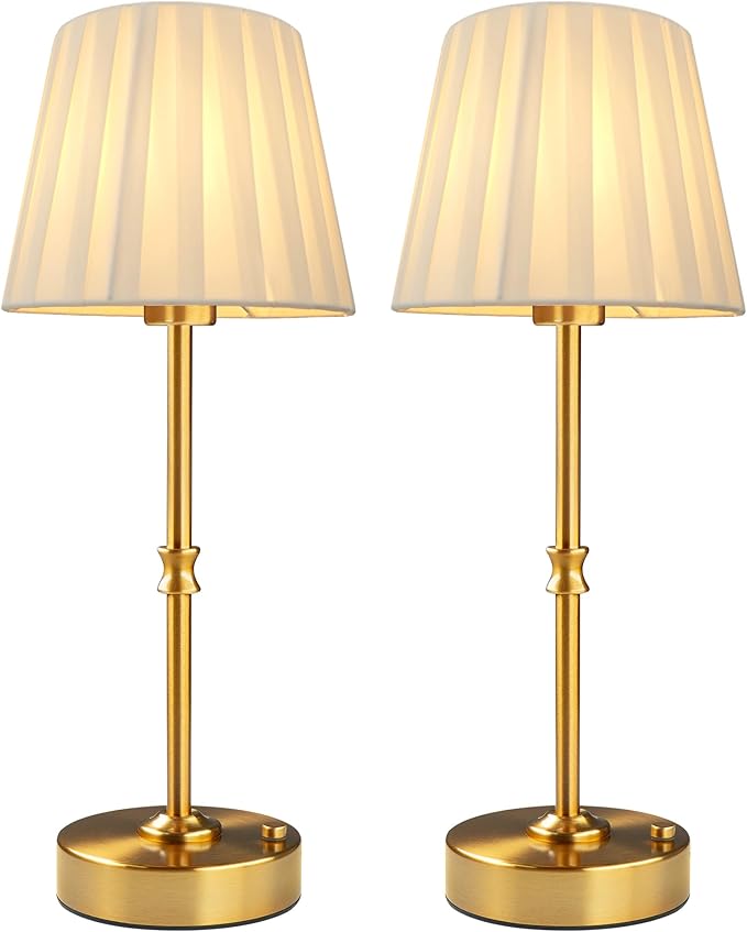 EppieBasic Cordless Table Lamp Rechargeable: Fast Charging & Long Lasting - 2700K Warm Light Vintage Gold Lamps - Dinning Living Room Bedroom - Pleated Shade - 2 Pack