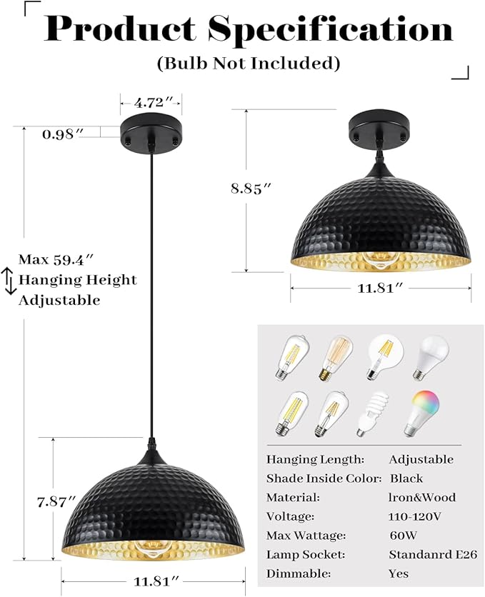 Hammered Dome Pendant Light 1 Pack, Black and Gold Pendant Light,12 Inch Metal Industrial Pendant Lights, Kitchen Island Pendant Lights for Kitchen, Dining Room, Bar