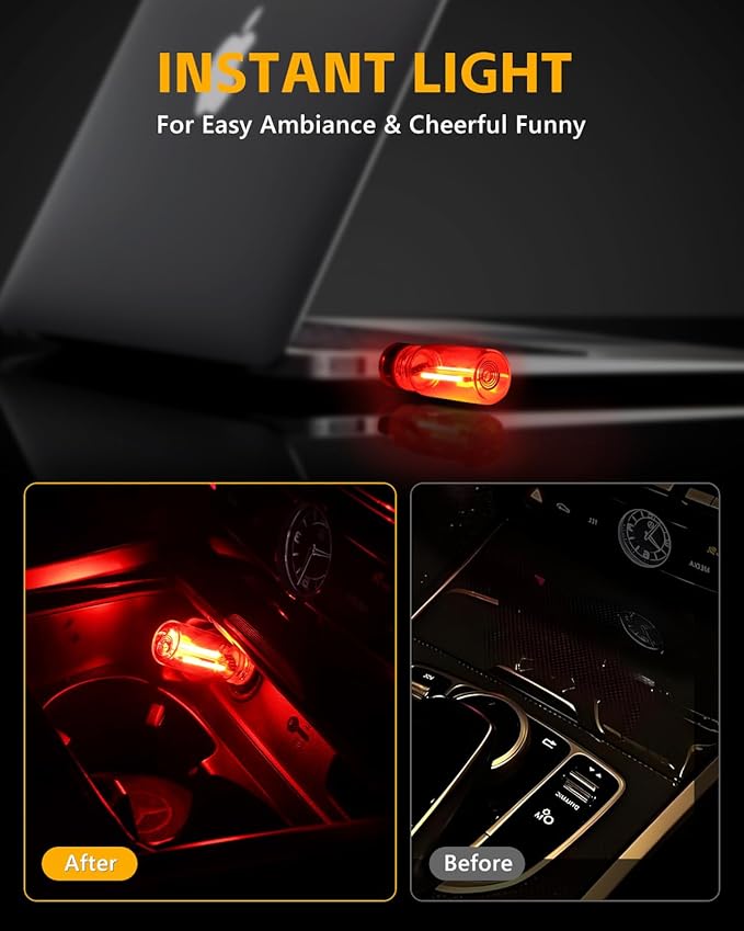 2PCS USB Car Lights, Touch Adjustment Lights, Plug in USB Vehicle Interior Ambient Light, Mini LED Retro Bulb Glass Bottle Night Light for Car, Camping, Holiday Decoration, Party, Bedroom (Red)