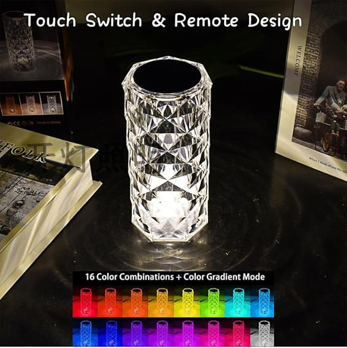 Rose Crystal Lamp RGB Color Changing Night Light Table Lamp,16 Colors &4 Modes Romantic Rose Diamond Home Decor Touch Crystal Table Lamp， USB Bedside Lamp for Bedroom Living Room for Kids