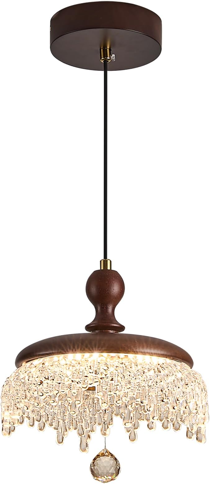 Farmhouse Wood Pendant Light,LED Hanging Pendant Light with Walnut Finish,Warm 3000K Wood Chandelier for Kitchen Island,Dining Room,Entryway（1 Pack）