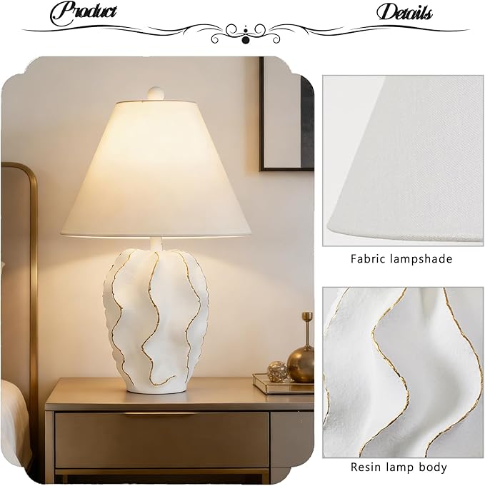 Modern Accent Table Lamp 20.4" High White＆Gold Sculptural Geometric Textured Urn Tapered Fabric Conical Shade Bedside Nightstand Lamps for Bedroom Living Room House Home Office