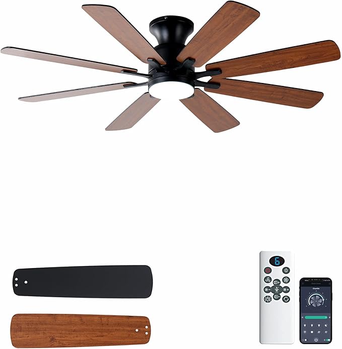 KNUN 52 Inch Ceiling Fan with Light, Low Profile Ceiling Fan with Remote and APP Control, 8 Blades, Noiseless, DC Motor, Flush Mount Ceiling Fans for Bedroom Living Room, Indoor/Outdoor Brown