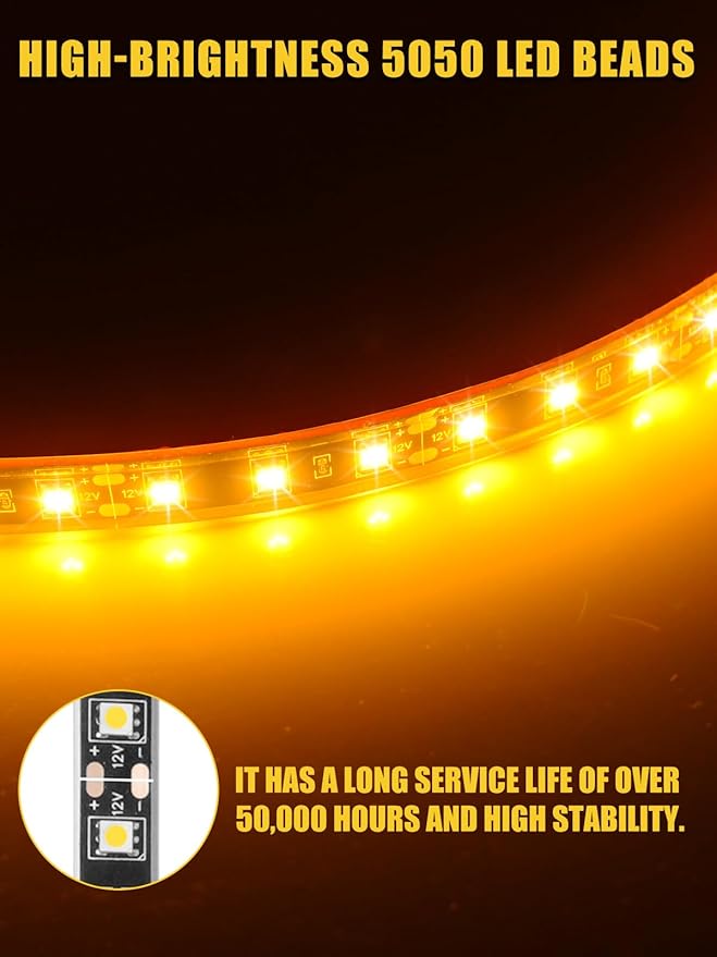 Led Light Strip Exterior Interior 24inch 5050 SMD Led Strip Light IP68 Waterproof Flexible Lights 12V for Car SUV Truck Marine Boat Golf Cart Yellow Pack of 4
