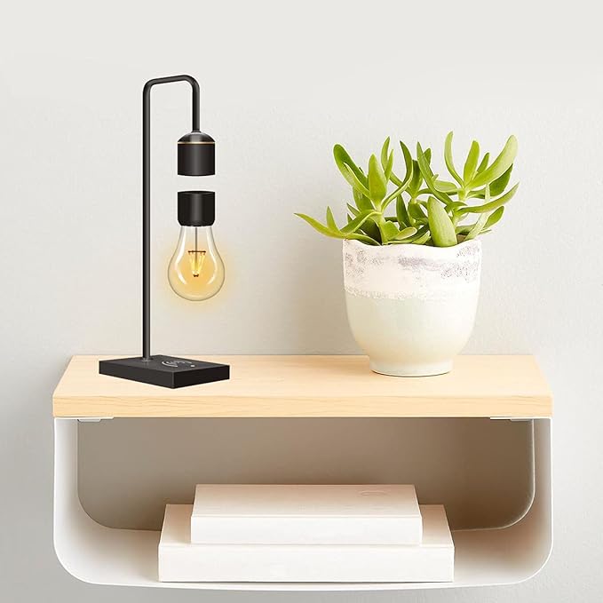 Unique Modern Levitating Lamp with Floating Light and Built-in Qi Wireless Charger, Simplistic and Innovative Design, Warm Decorative Night Light (Black Bulb)