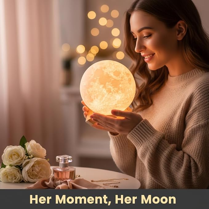 Mydethun Moon Lamp 3D Night Light - Valentine Gifts for Women, Mom & Kids, 5.9' Table Decor w/Wooden Base, Proposal Decororation w/Touch-Dimmable & USB Rechargeable, Dual-Color White/Warm Yellow