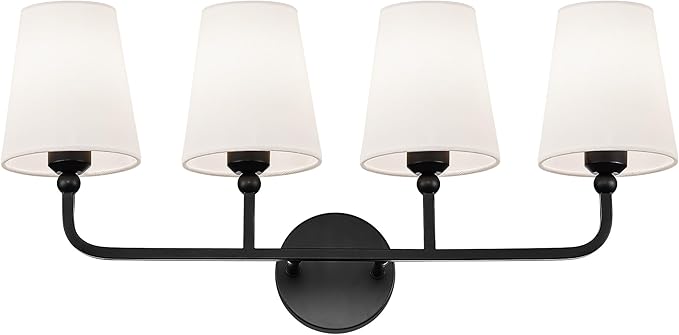 Bathroom Light Fixtures, 4 Light Matte Black Vanity Lights with Flared White Fabric Shade, 28 Inch Wall Sconce, Modern Sconces Wall Lighting for Hallway Bedroom, VL837-MB-4