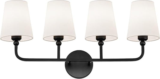 Bathroom Light Fixtures, 4 Light Matte Black Vanity Lights with Flared White Fabric Shade, 28 Inch Wall Sconce, Modern Sconces Wall Lighting for Hallway Bedroom, VL837-MB-4