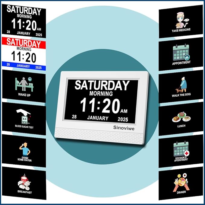 Digital Alarm Clock 7" HD Large Screen Digital Calendar with Auto-Dimming, Clear Day/Date Display for Alzheimer's Dementia Seniors & Low Vision with Remote Control and Custom Reminder Function(White)