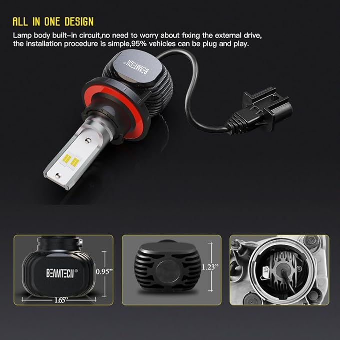 BEAMTECH H13/9008 Bulbs, S1 Series Fanless 300% Brighter 6500K White Fog Light for Car Powersports ATV UTV, Pack of 2